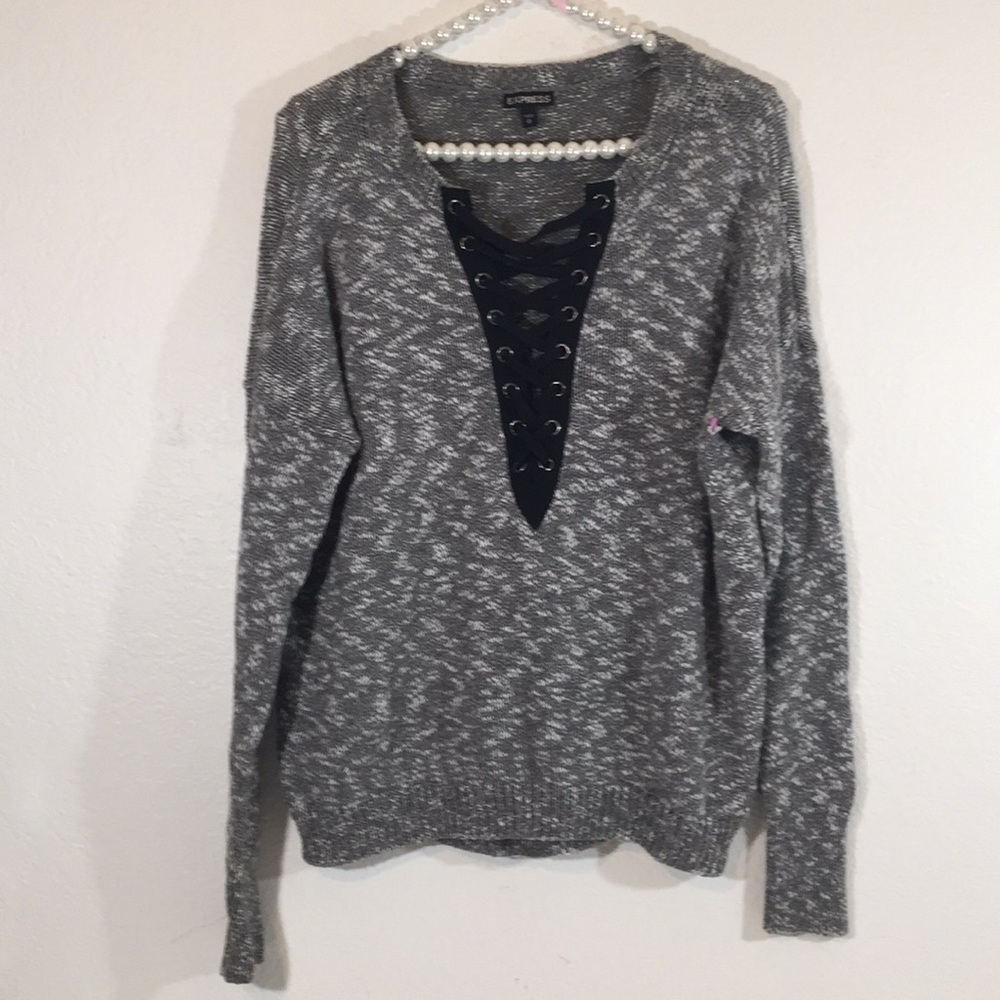 Express Gray Lace Up Neckline Sweater Medium